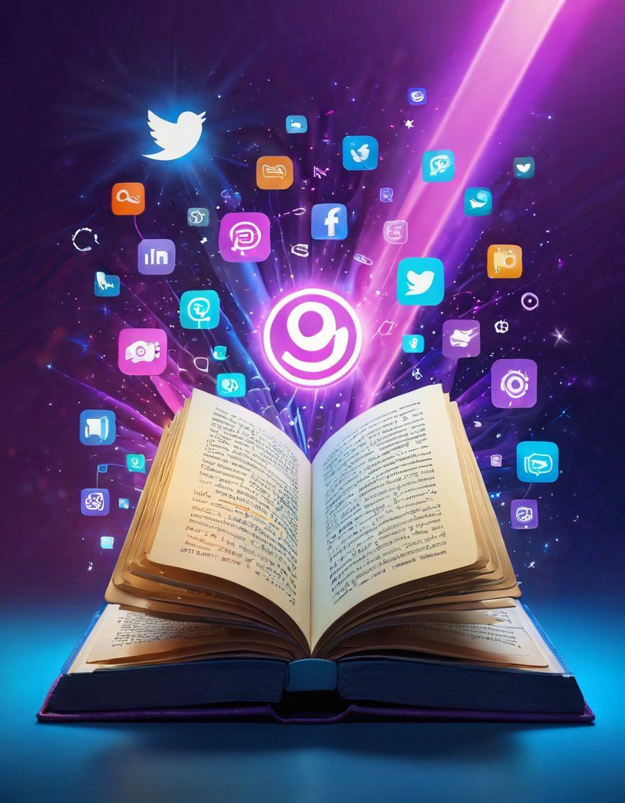 A digital diary represented as a glowing open book, illuminated by a futuristic beacon light that emits vibrant beams of color. Surrounding the book are floating icons of social media, technology, and blog elements, symbolizing the blogosphere. The background is a soft gradient of blues and purples to enhance the feeling of a digital space. super-realistic. vibrant colors. 3D.