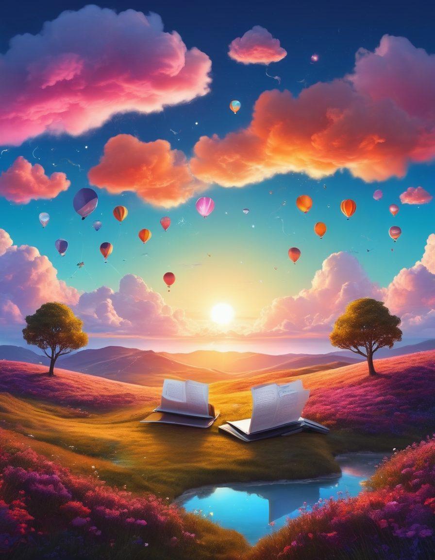 A creative digital landscape depicting a vibrant blogosphere with diverse digital diaries floating on clouds, each diary glowing as a beacon of knowledge. The scene features a user-friendly navigation route winding through the landscape, symbolizing the journey of effective blog use. Add elements like glowing text bubbles with tips, a compass guiding the way, and a sunrise backdrop to represent new beginnings. Use bright colors and a whimsical, illustrative style. 3D. vibrant colors.